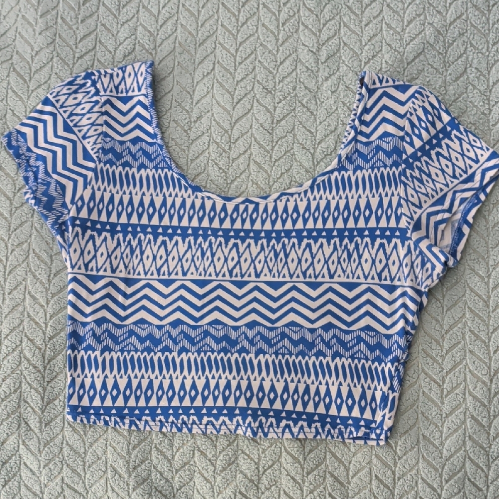 Blue and White Patterned Women's Top